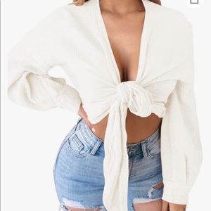 Tie Front Long Sleeve Blouse (White) - XL - New without tags